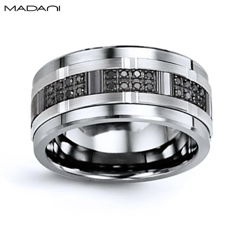 White-Black Gold & Tungsten Carbide Black Diamond Ring 11mm